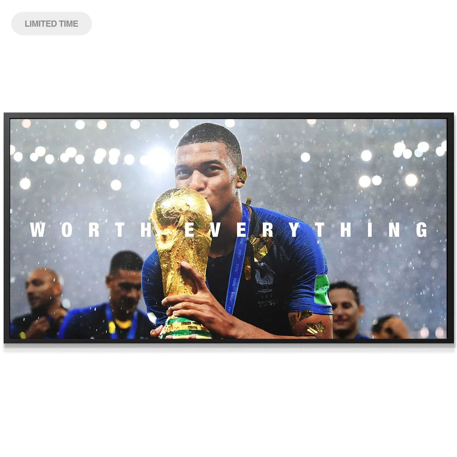 Wide angle shot of the victorious team surrounding Mbappe and the World Cup trophy, Kylian Mbappe - Worth Everything.