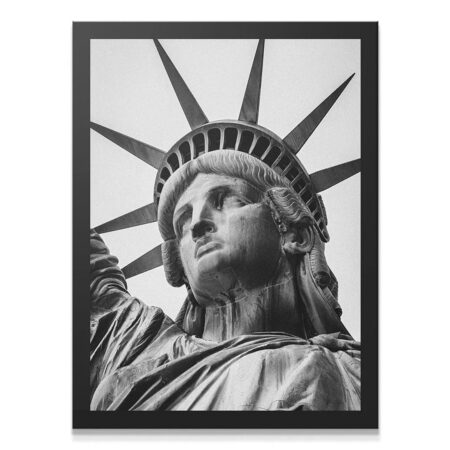 Close-up portrait of the textured face of Lady Liberty, framed in black and white.