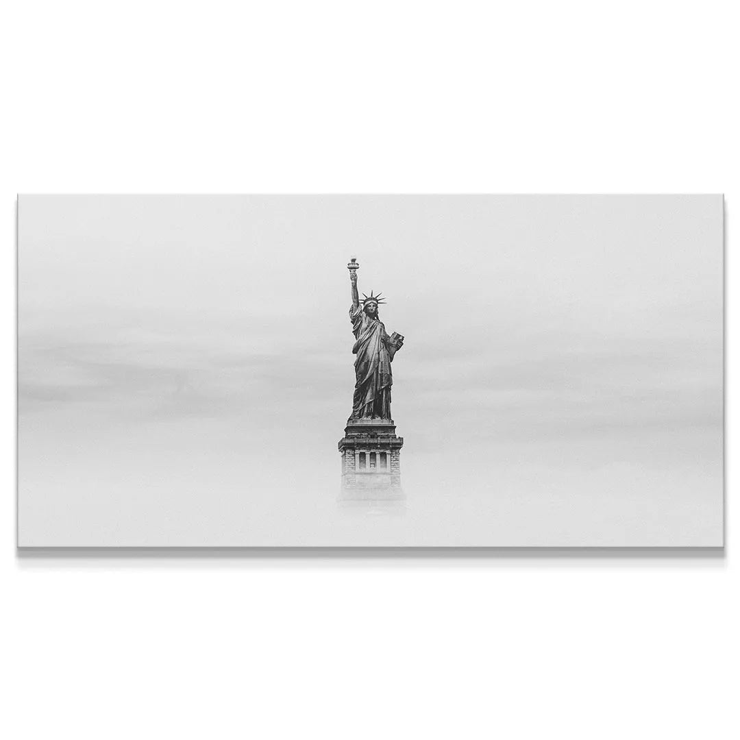 Minimalist black and white photo of the Statue of Liberty centered in dense fog, titled Lady Liberty - B&W.