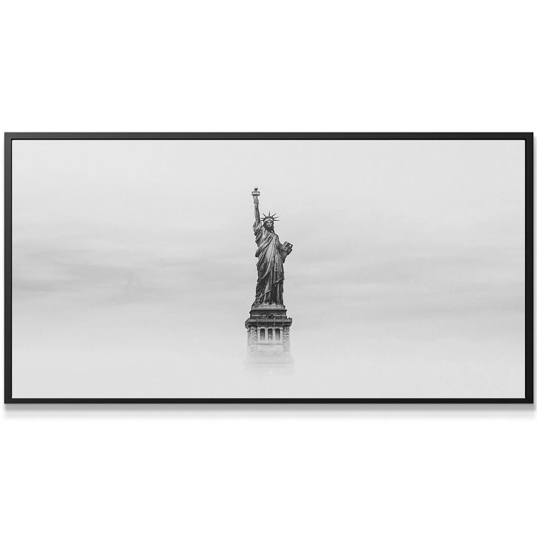Horizontal landscape view showing the isolated pedestal base of the monumental Lady Liberty - B&W canvas print.