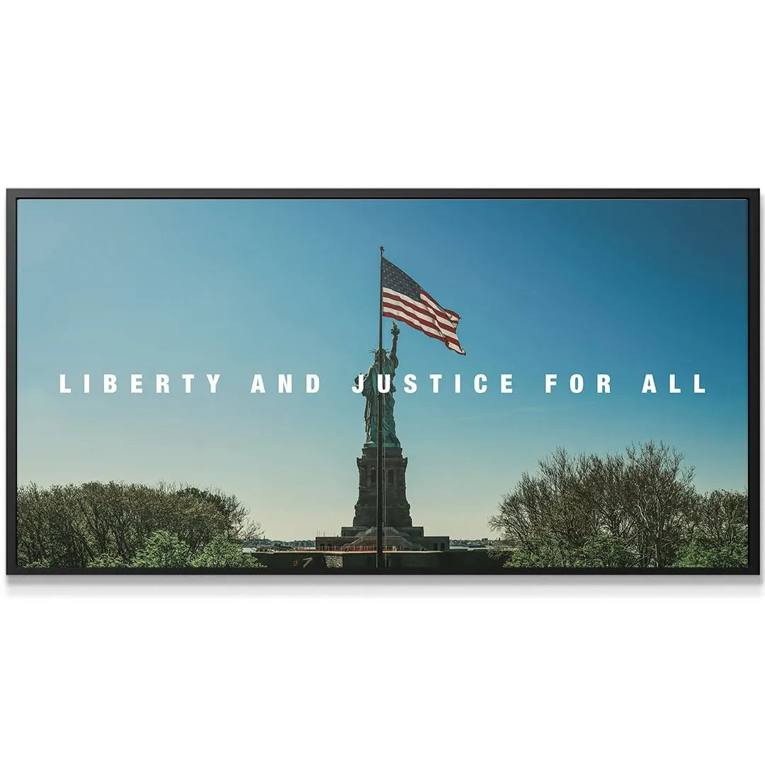 Close-up texture of the Statue of Liberty base with the flag waving above, featuring Lady Liberty - Liberty & Justice For All.
