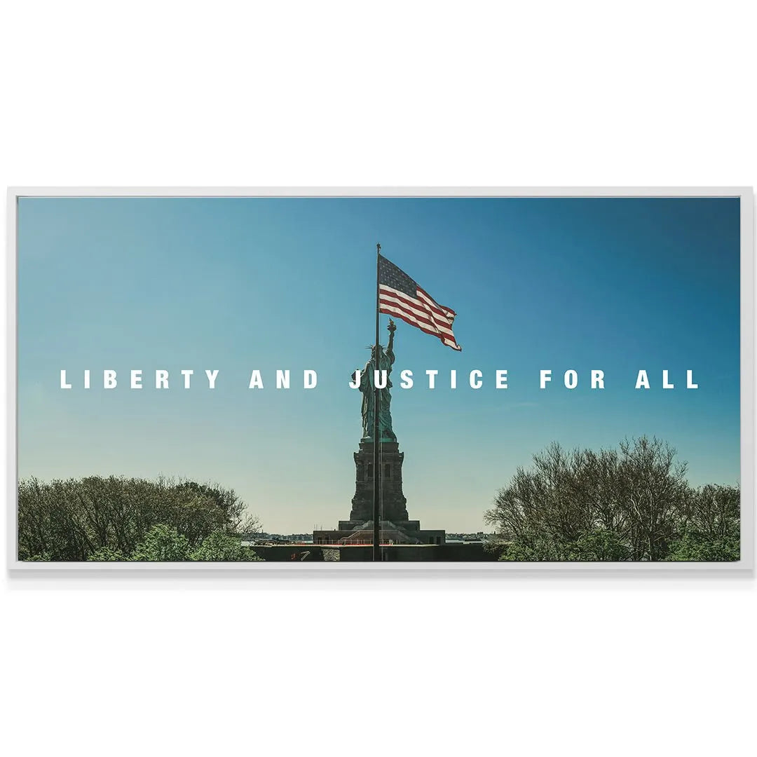 Motivational office environment displaying the inspiring Lady Liberty - Liberty & Justice For All canvas artwork as a focal point.