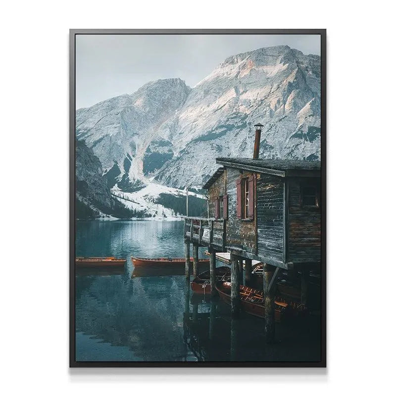 Close-up detail of the weathered wood texture of the Lago Di Braies boathouse structure.