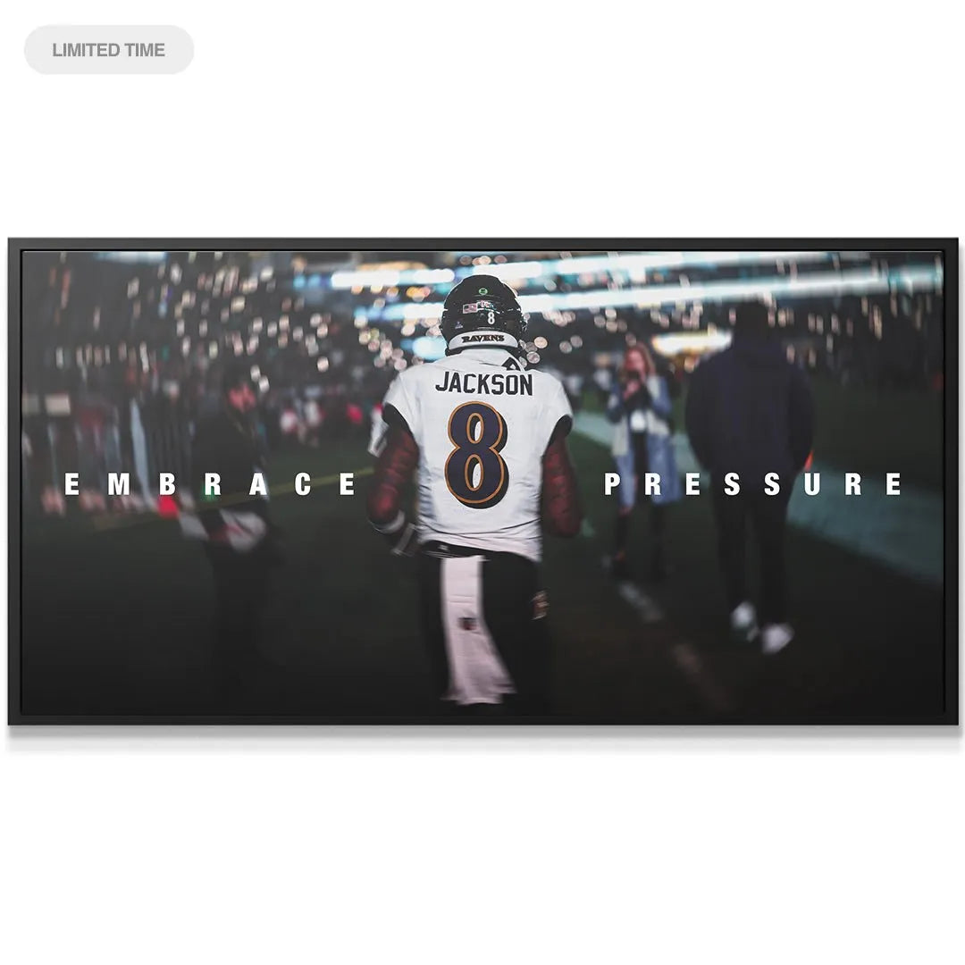 Close-up texture shot of the canvas material for the Lamar Jackson - Embrace Pressure print under stadium lights.
