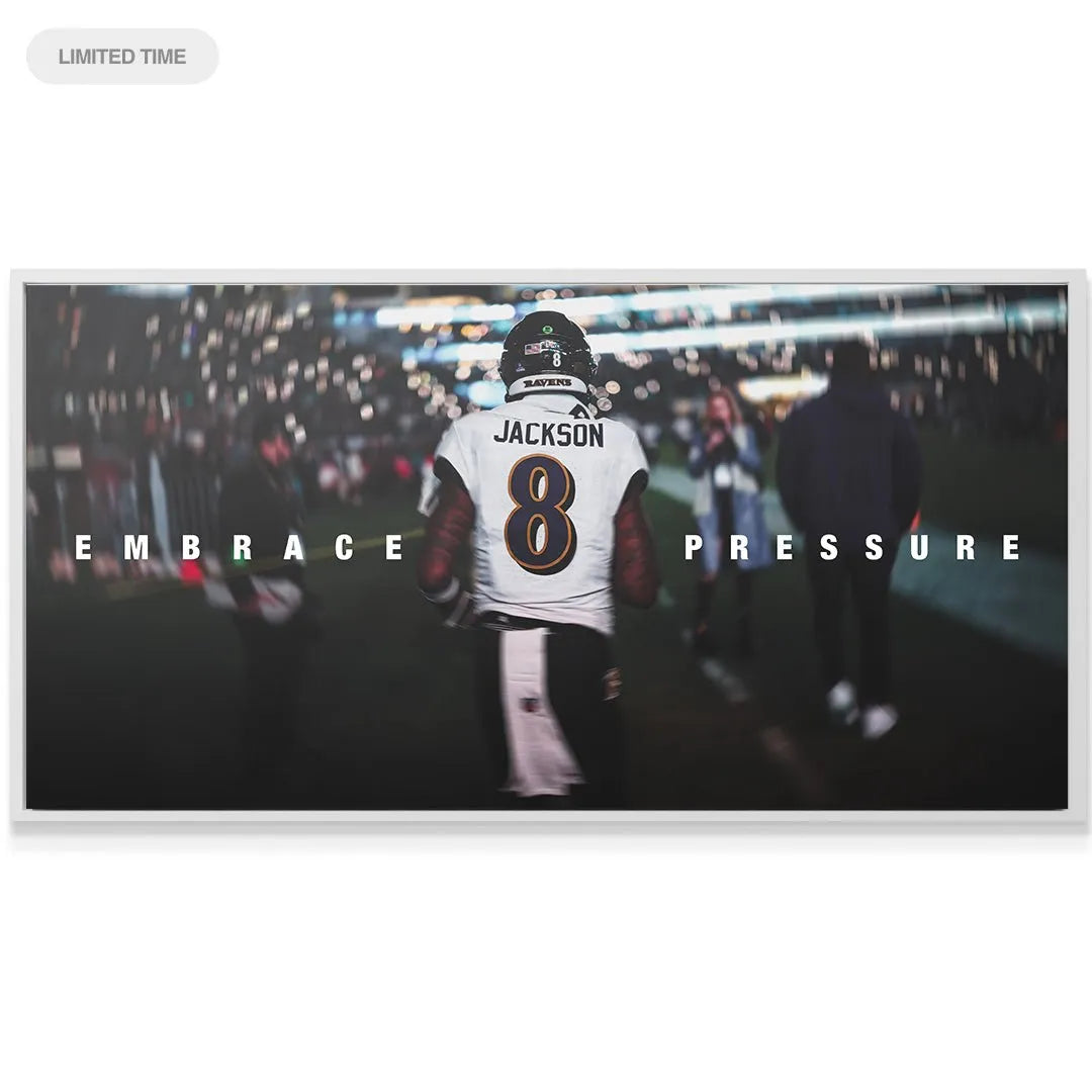 Back angle view of Lamar Jackson (Jackson #8 jersey) walking off the field, titled Lamar Jackson - Embrace Pressure.