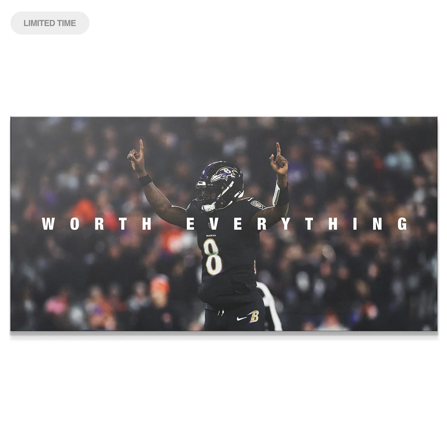 Wide shot of the canvas print showing the overall stadium atmosphere in the Lamar Jackson - Worth Everything artwork.