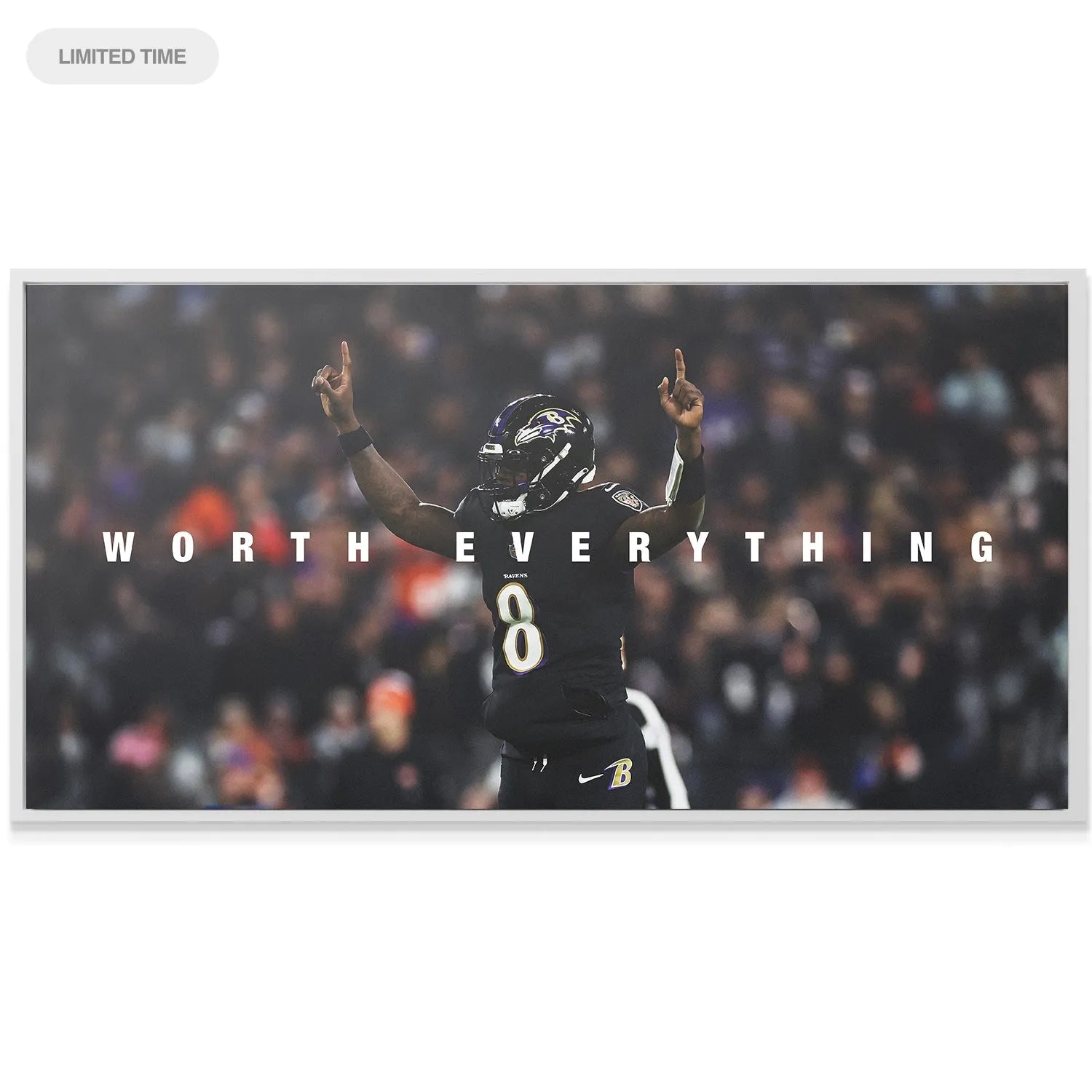 Angled view of the glossy finish and vibrant colors on the Lamar Jackson - Worth Everything poster print.