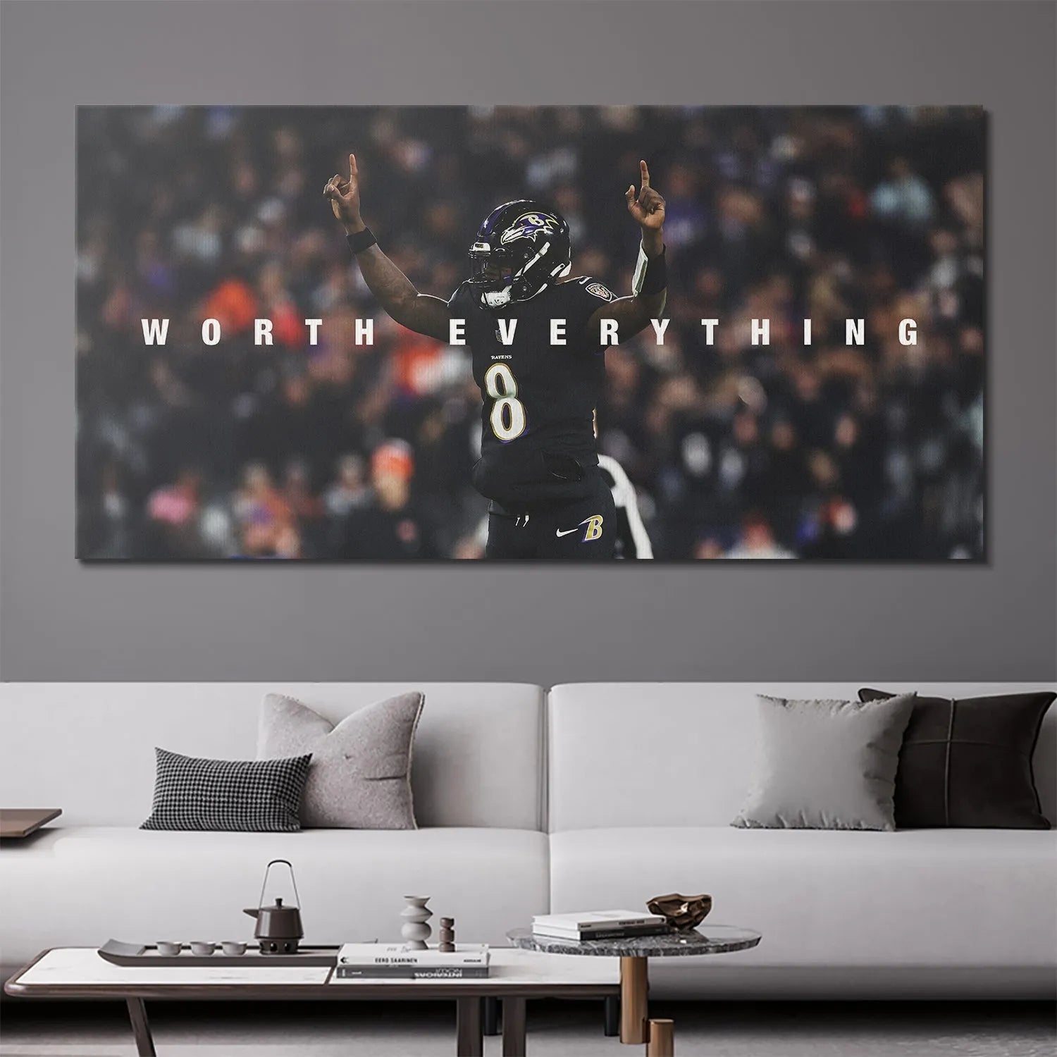 Texture analysis focusing on the detail of Lamar Jackson's jersey number 8 in the Worth Everything moment.