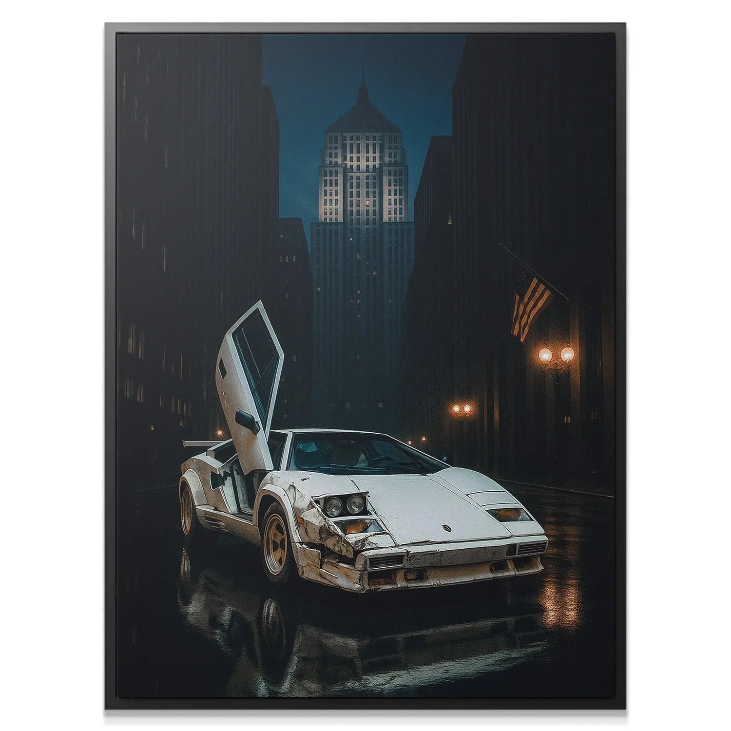 Full view of the 'Lamb on Wall St' artwork showing the white supercar on wet NYC pavement at night.