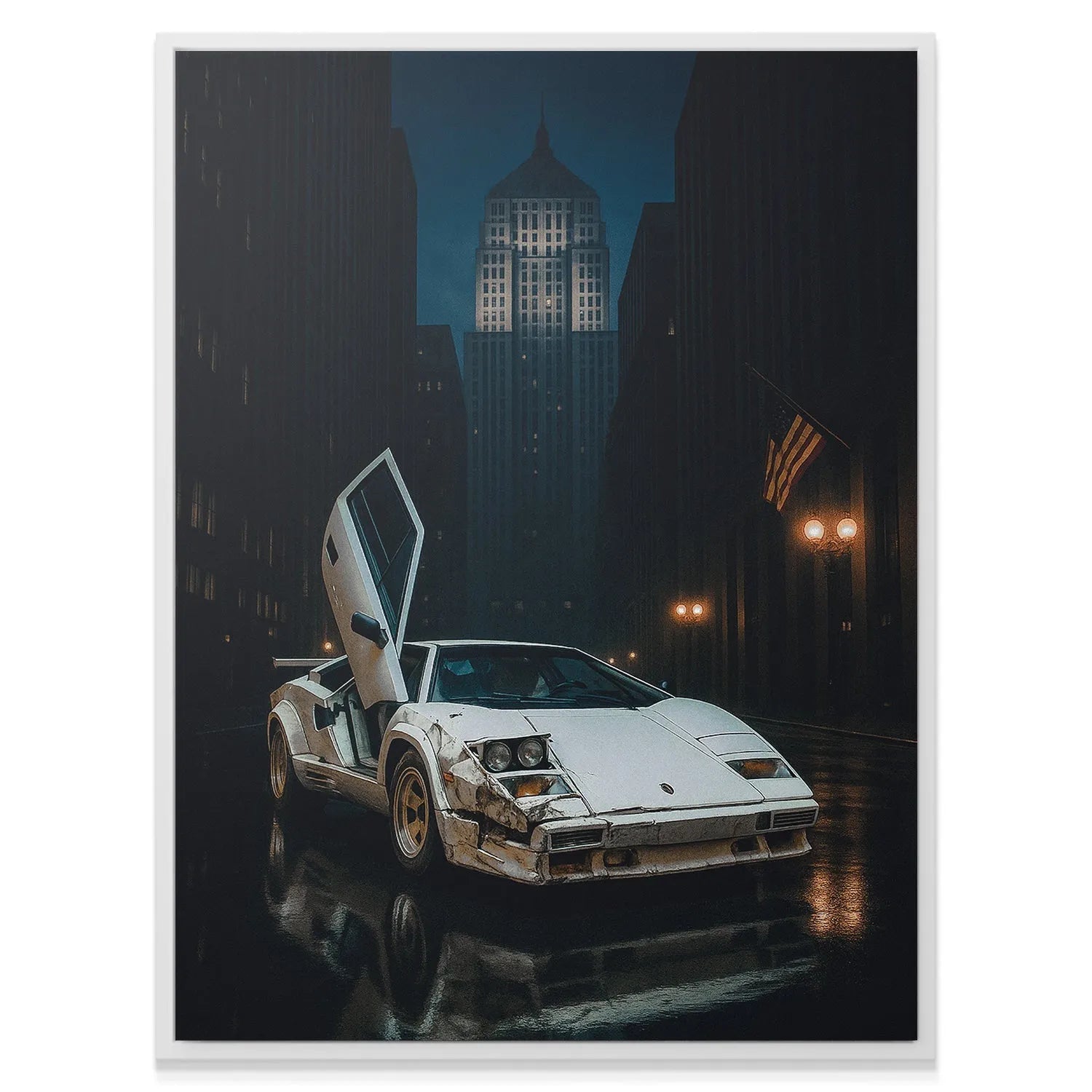 Angle view of the open scissor doors of the Lamborghini featured in 'Lamb on Wall St' against dark skyscrapers.