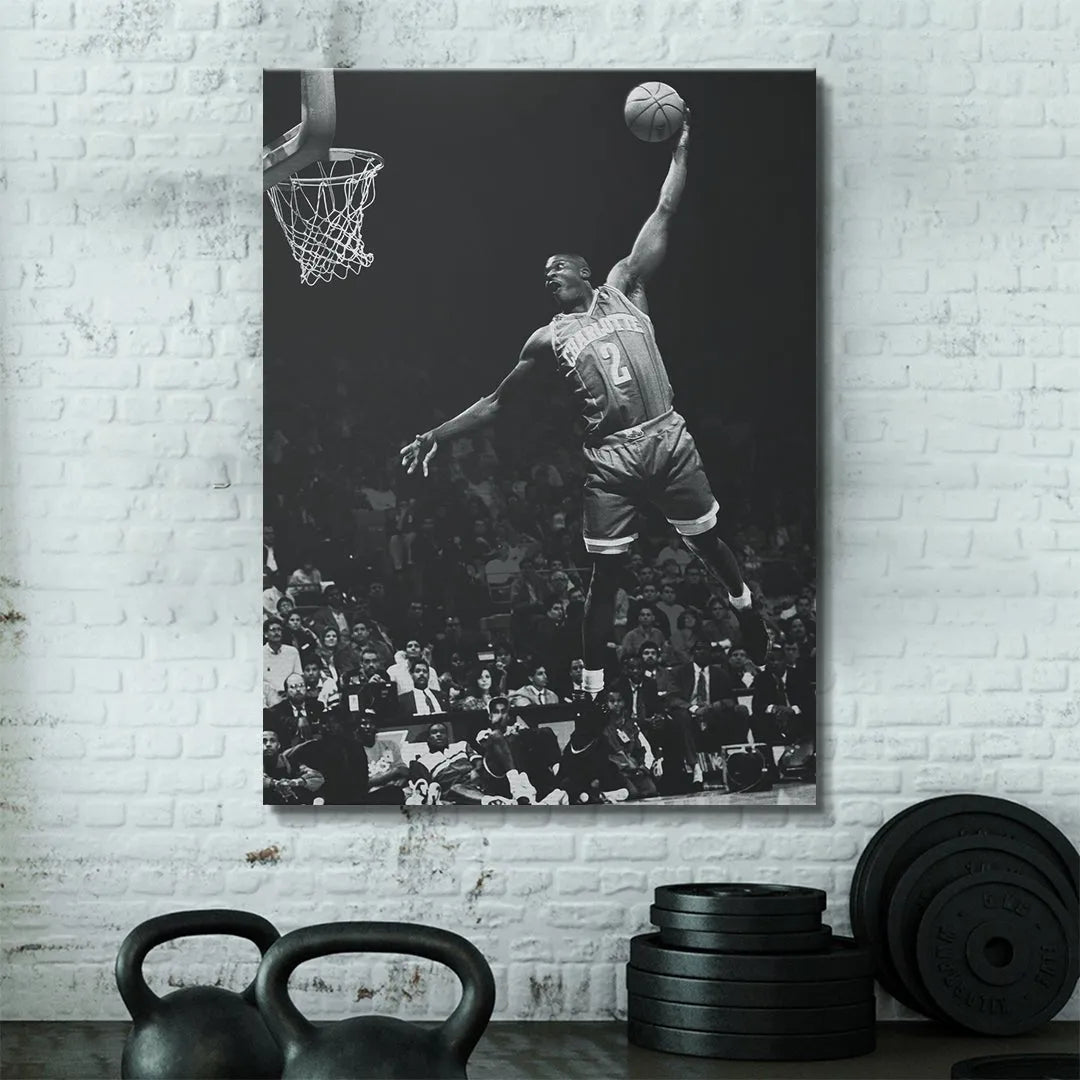 Texture analysis: The grainy, dramatic quality of the vintage sports photo featuring Larry Johnson - #1.