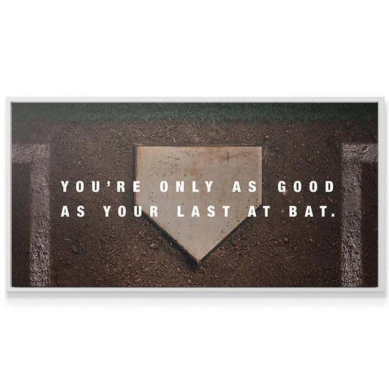 Framed canvas print displayed on a modern wall, highlighting the powerful 'Last At Bat' message in a lifestyle setting.