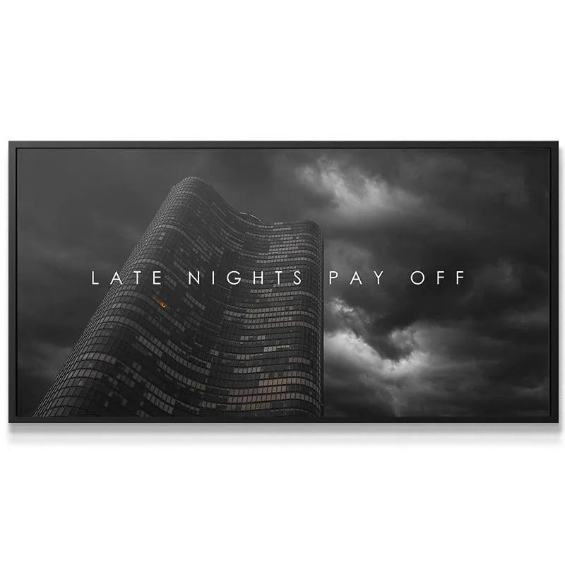 Close-up detail showing the reflective texture of the modern glass building featured in the 'Late Nights Pay Off' print.