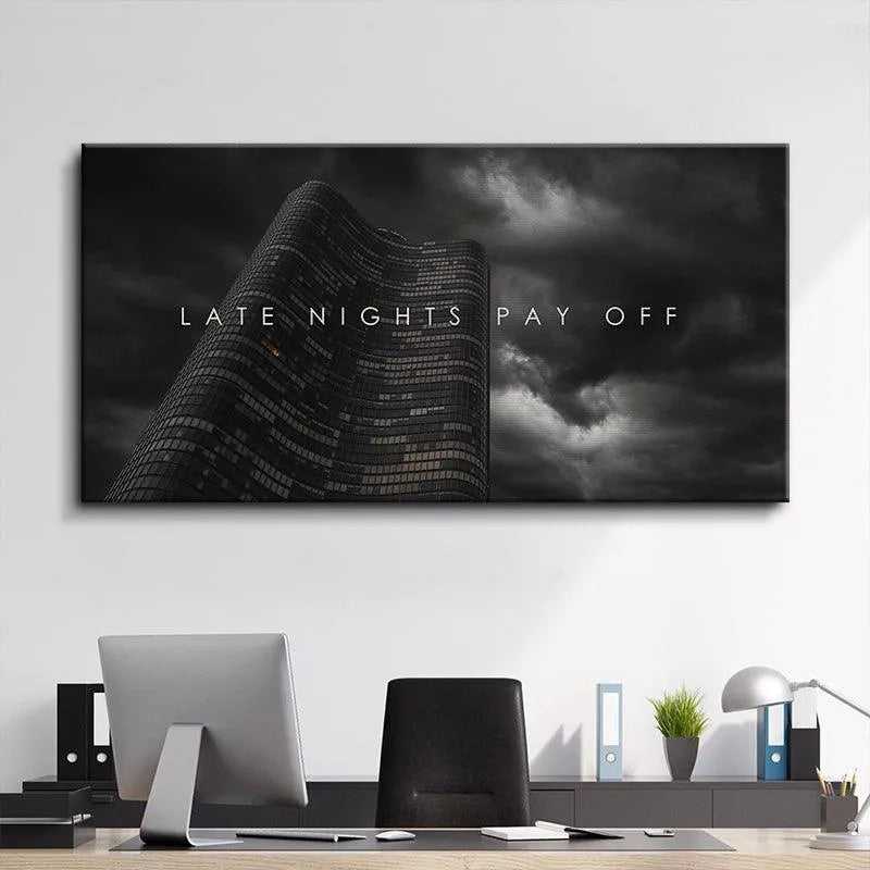 Macro view of the single illuminated window within the dark tower, emphasizing the successful outcome of 'Late Nights Pay Off'.