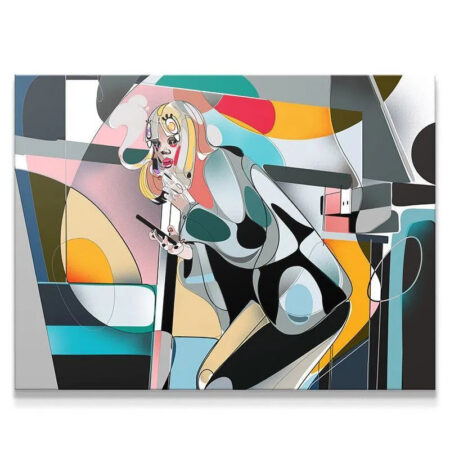 Full abstract canvas artwork titled Latenight showcasing the stylized woman and complex background.
