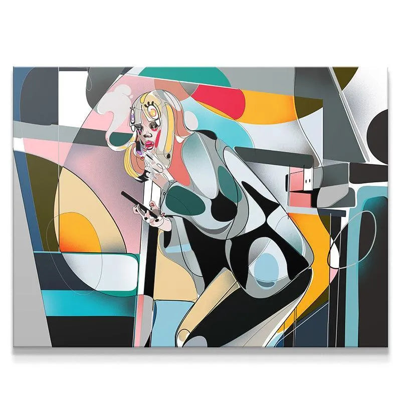 Full abstract canvas artwork titled Latenight showcasing the stylized woman and complex background.