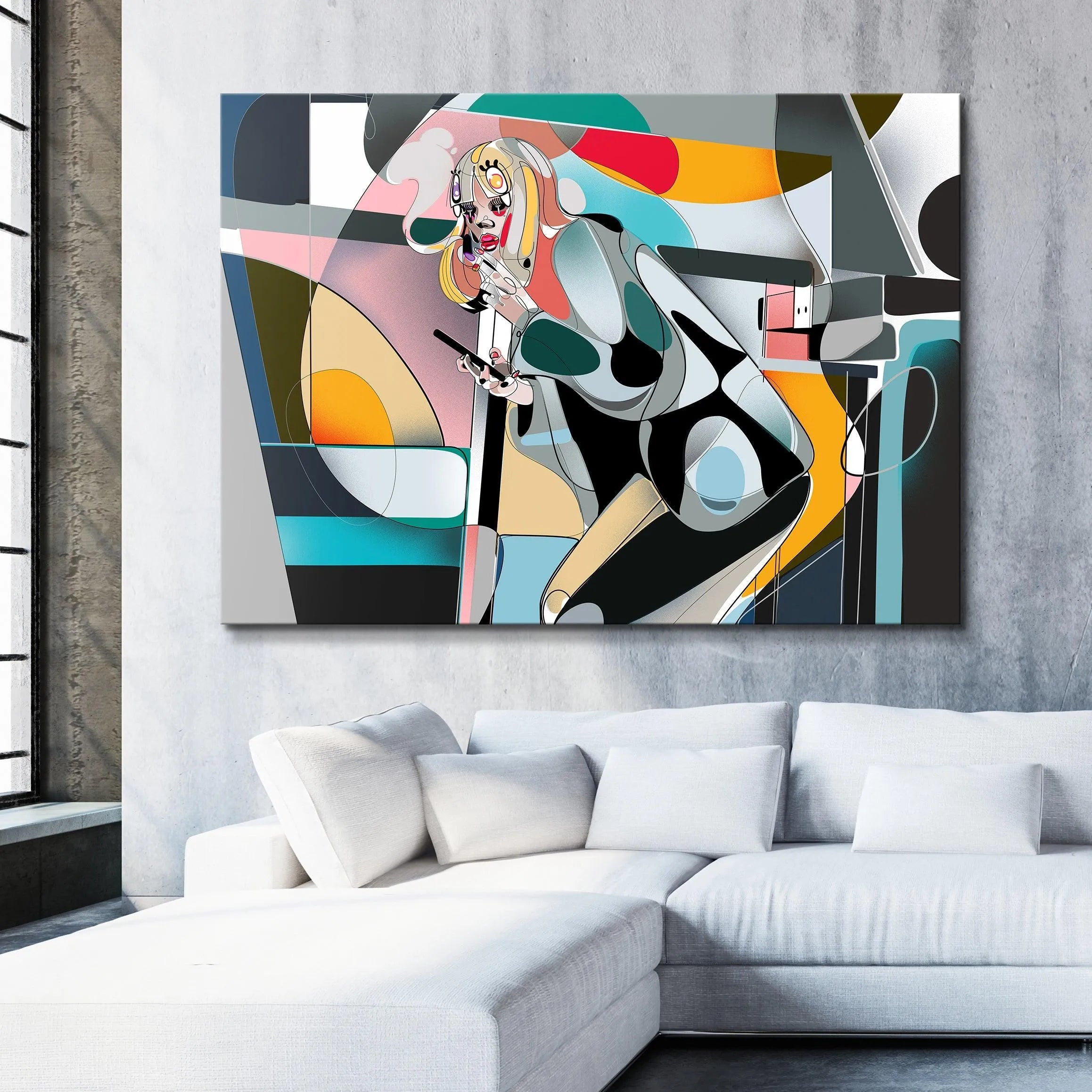 Crop highlighting the woman's hands holding the smartphone, emphasizing connection in Latenight digital art.