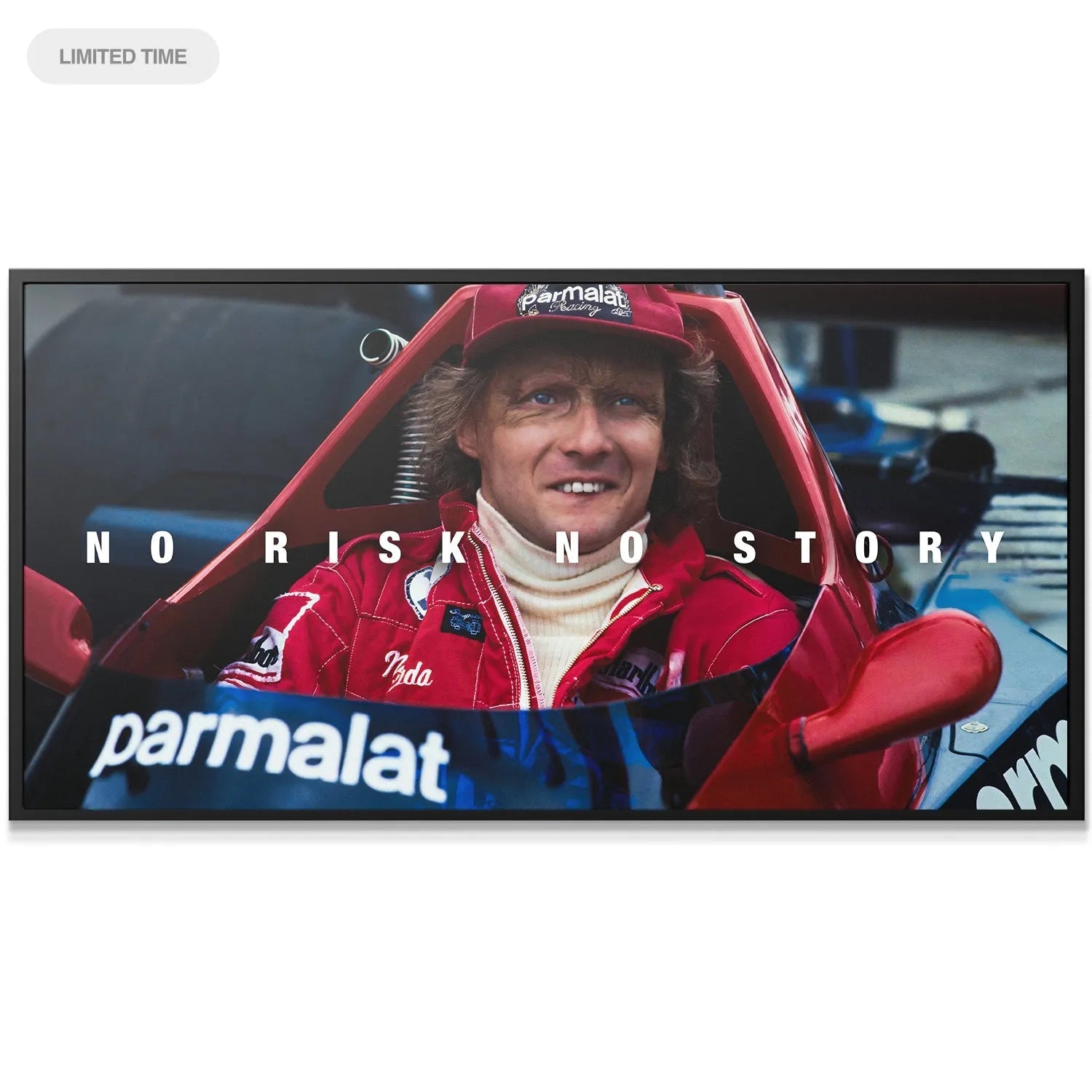 Close-up portrait shot of Niki Lauda wearing a red cap and turtleneck, highlighted by the text: Lauda - No Risk No Story.