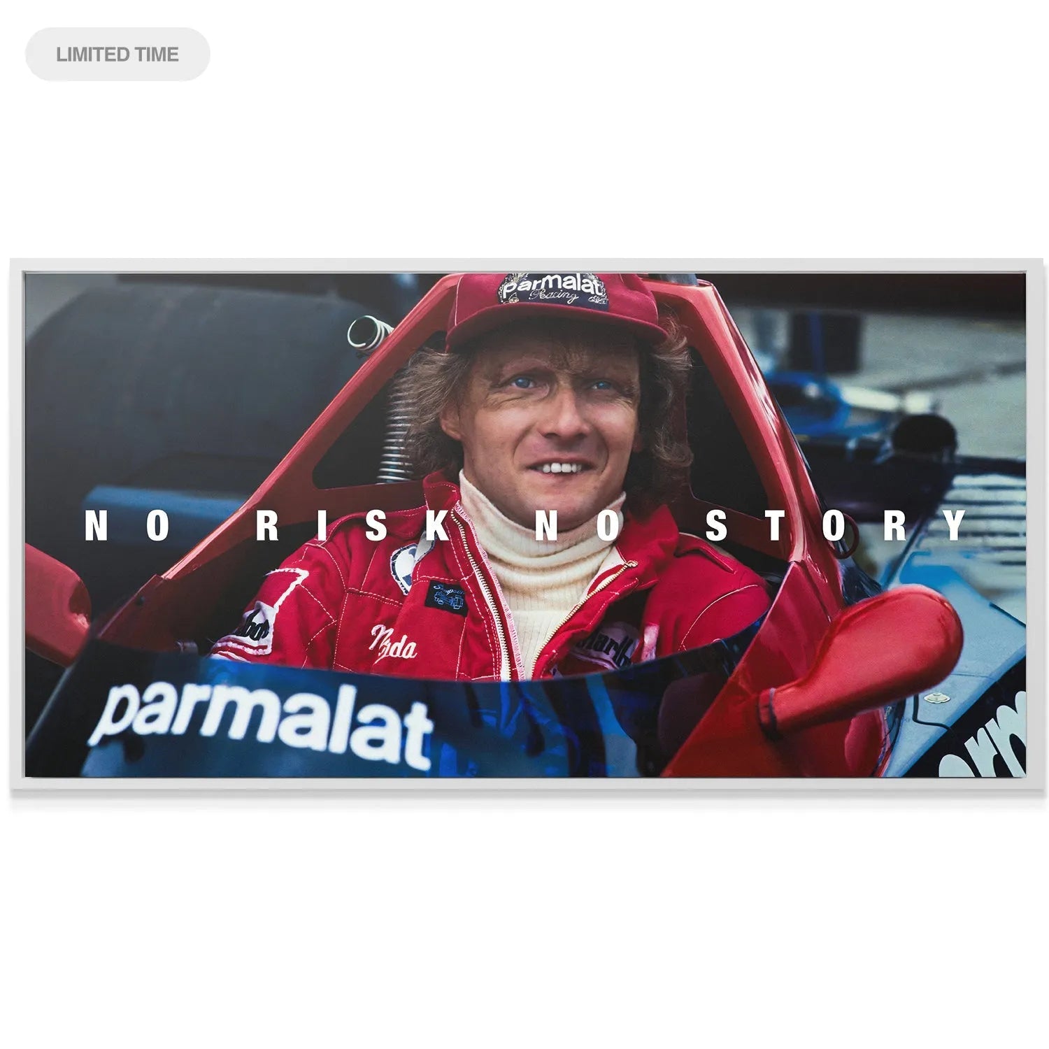 Medium angle showing the vintage Parmalat sponsor logo on the vehicle alongside the motivational message: Lauda - No Risk No Story.