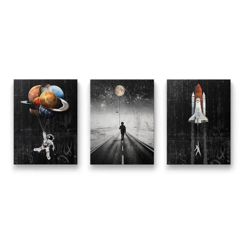 Lifestyle shot showing the Launch Bundle triptych installed above a modern sofa in a living room setting.