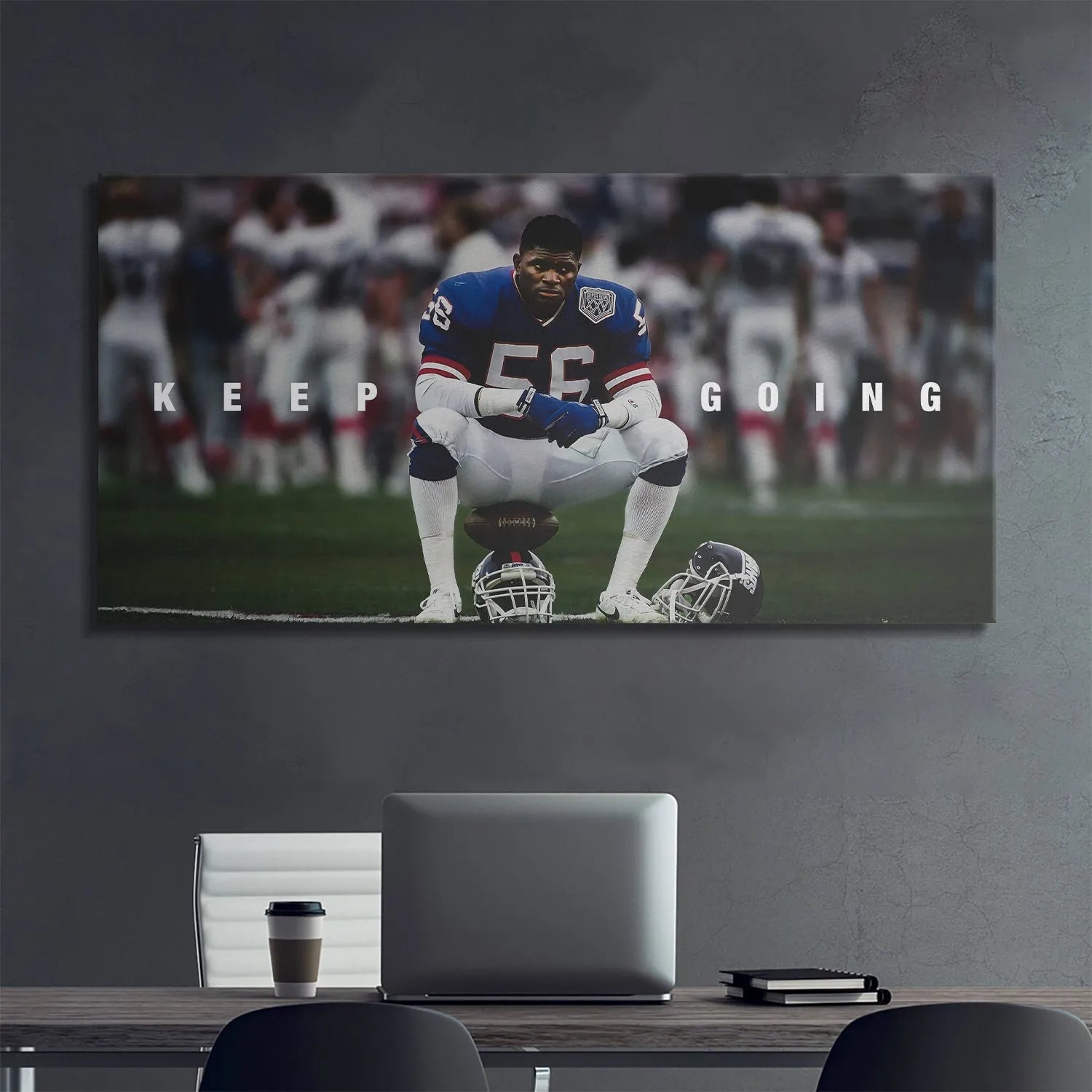 Low angle perspective emphasizing the stature of the Hall of Famer in Lawrence Taylor - Keep Going.