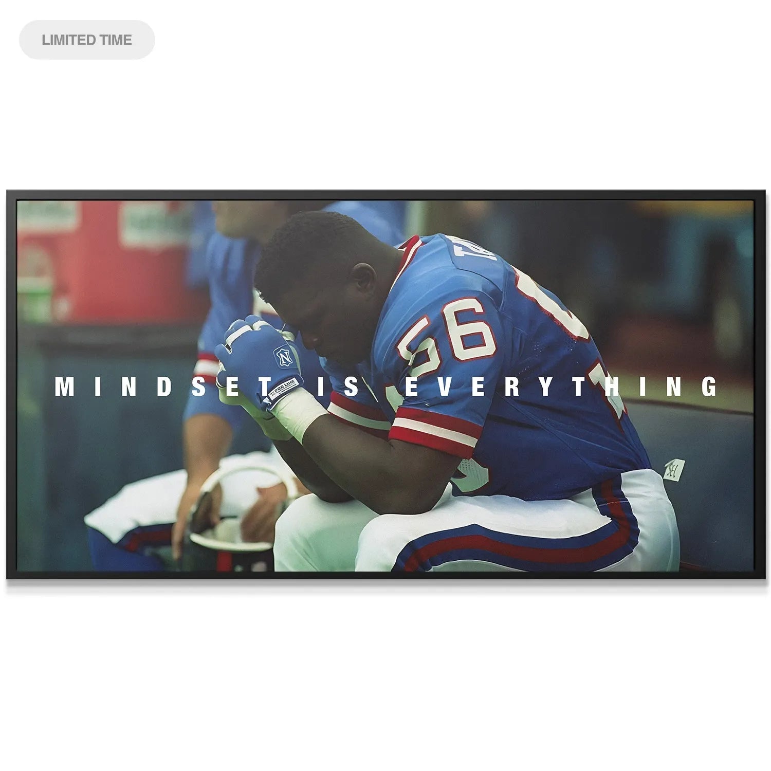 Close-up view of LT's hands clasped in prayer or contemplation on the Lawrence Taylor - Mindset Is Everything canvas.