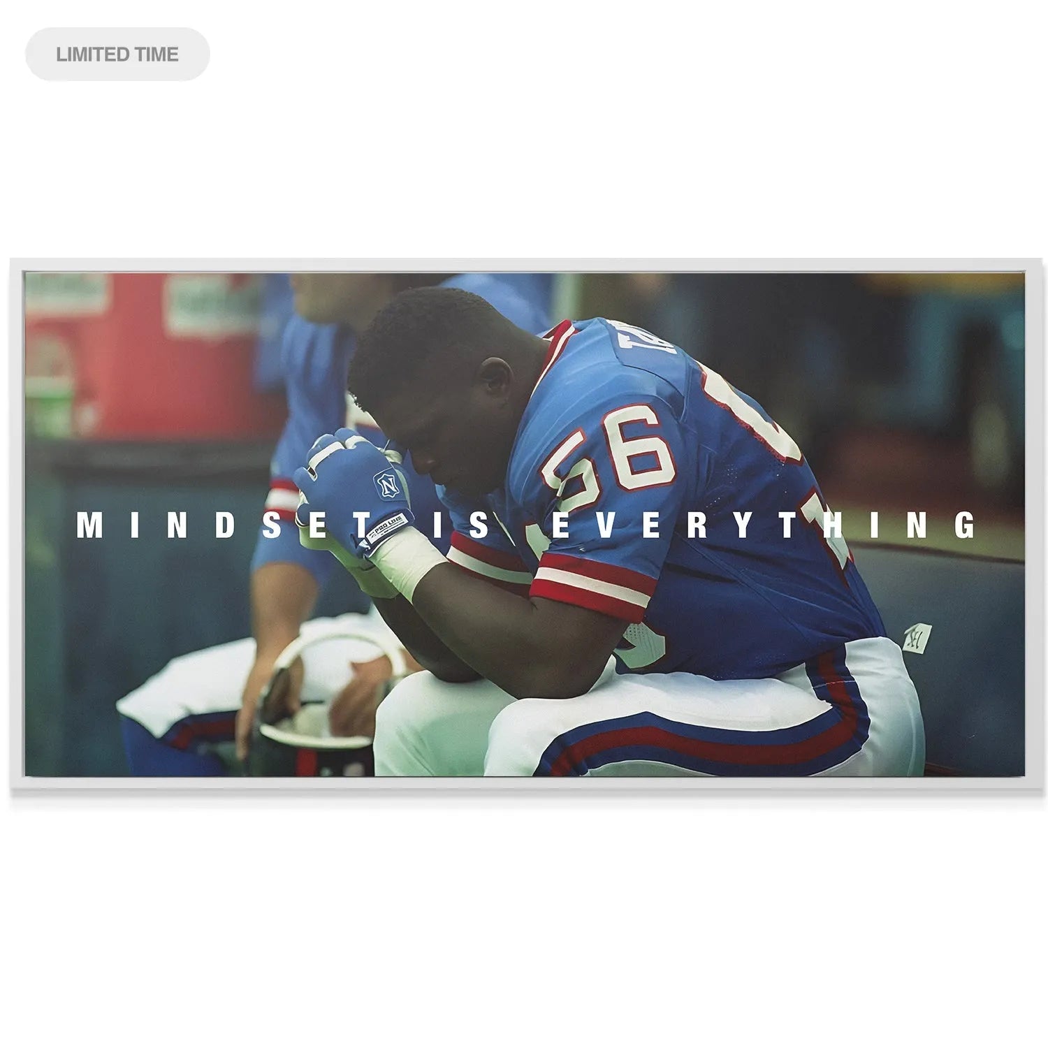 Angled shot focusing on the number 56 and the texture of the blue jersey in the Lawrence Taylor - Mindset Is Everything print.