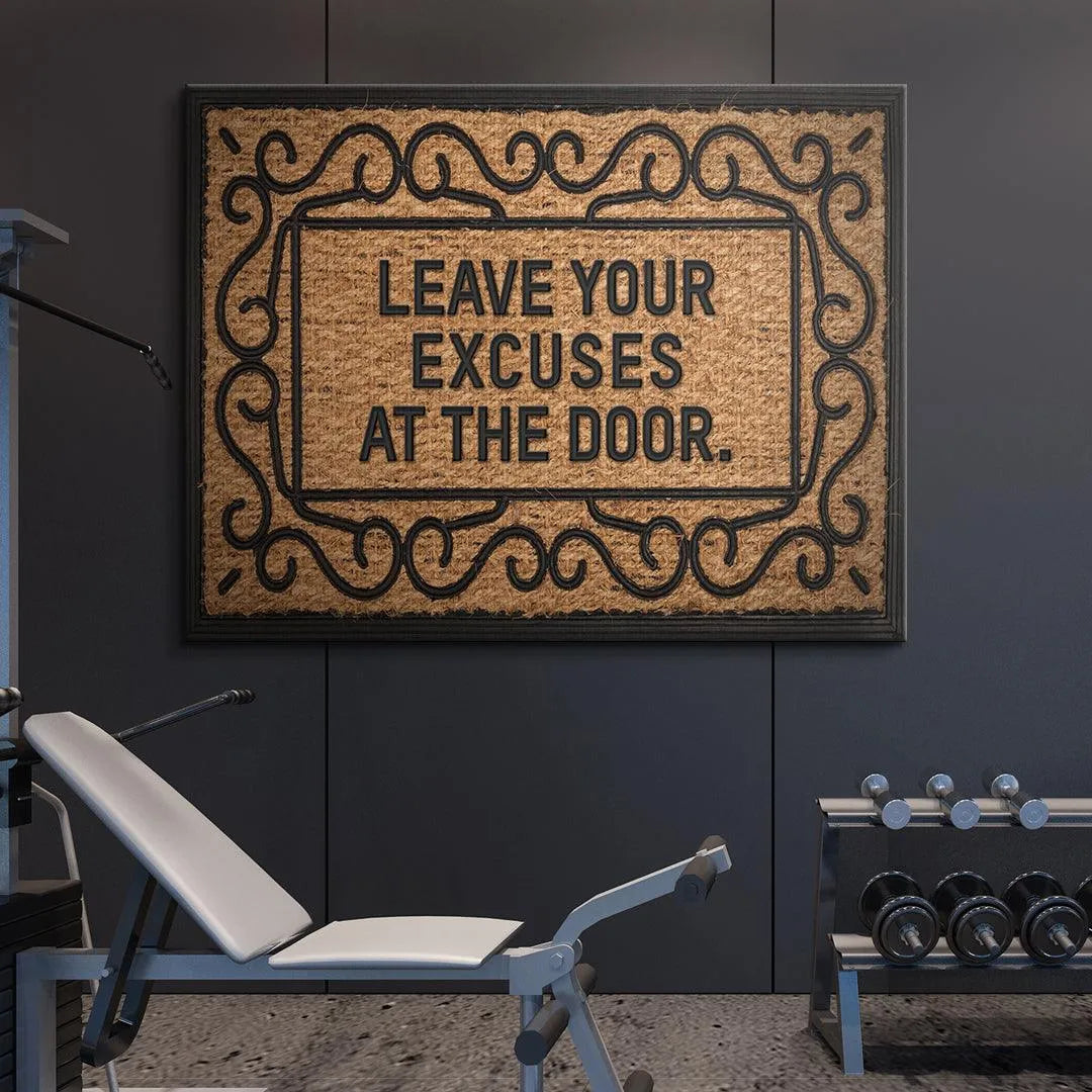 Angled shot highlighting the thickness and PVC backing of the heavy-duty "Leave Your Excuses At The Door" rug.