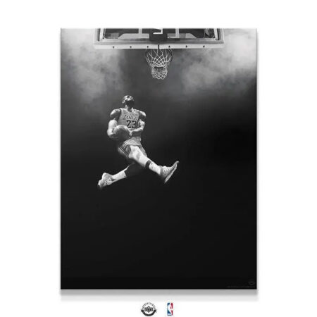 Full vertical view of the dramatic black and white 'LeBron James - Abyss' poster showing him leaping towards the hoop.