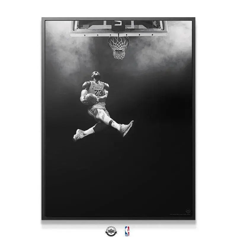 Close-up detailed shot of LeBron's face and Lakers jersey number 23 featured in the 'LeBron James - Abyss' print.