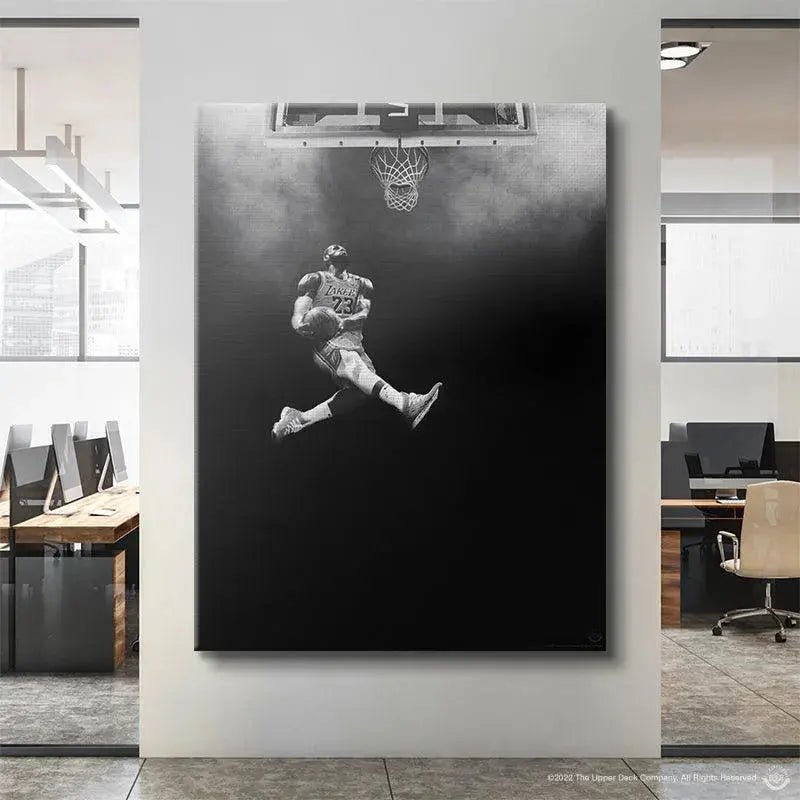 Low-angle perspective highlighting the immense jump height captured in the 'LeBron James - Abyss' artwork.