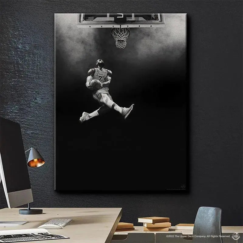 Detailed focus on LeBron James gripping the basketball mid-flight in the powerful 'LeBron James - Abyss' photo.
