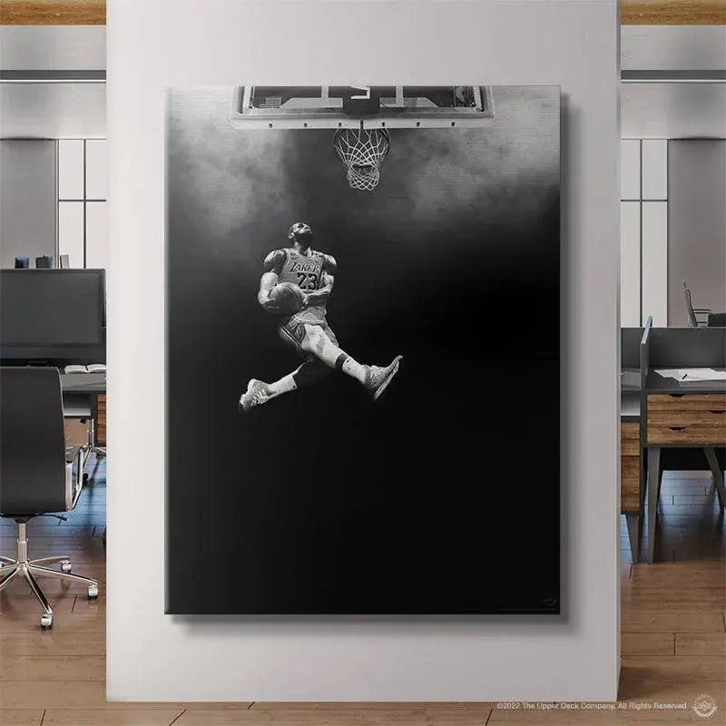 Black and white composition emphasizing the hoop, backboard, and smoke surrounding the action in 'LeBron James - Abyss'.