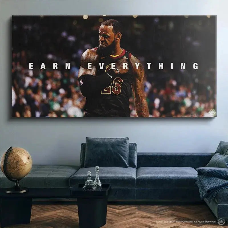 Full horizontal view of the motivational LeBron James - Earn Everything artwork hanging in a modern office.