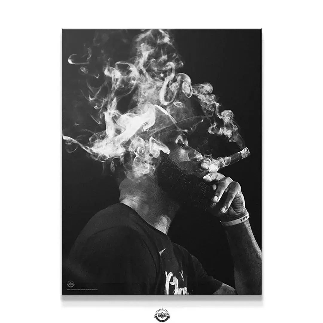 Black and white close-up showing the dramatic plume of cigar smoke above the head in 'LeBron James - Job's Finished'.