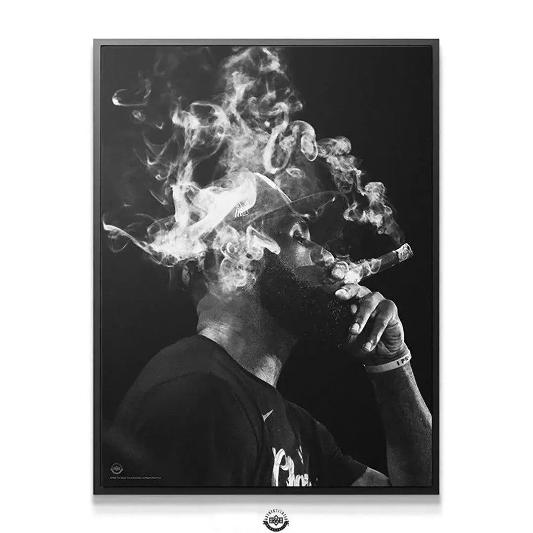 Side profile view of the NBA star holding a cigar in the celebratory fine art print 'LeBron James - Job's Finished'.
