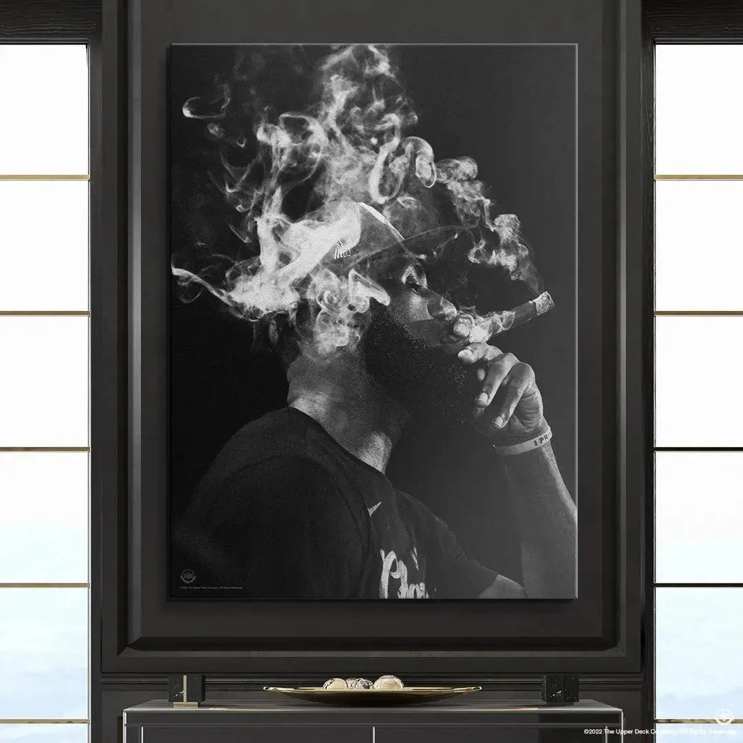 High-contrast texture study emphasizing the beard and the baseball cap worn by the icon in the artwork 'LeBron James - Job's Finished'.