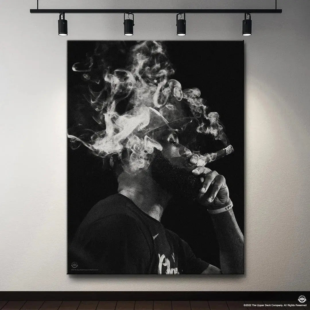 Vertical orientation full view of the artistic canvas capturing the triumphant moment titled 'LeBron James - Job's Finished'.