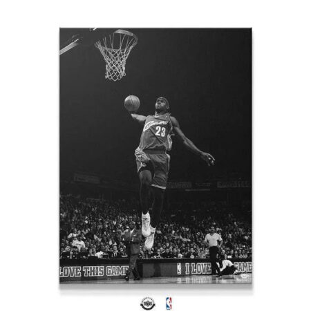 Full black and white vertical poster of LeBron James - Kingdom Come during a high-flying dunk in Cleveland.
