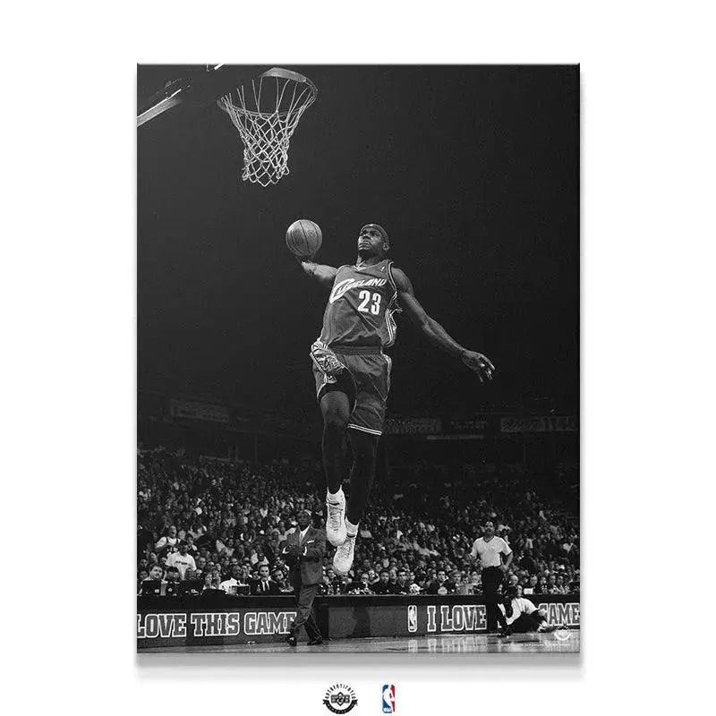Full black and white vertical poster of LeBron James - Kingdom Come during a high-flying dunk in Cleveland.