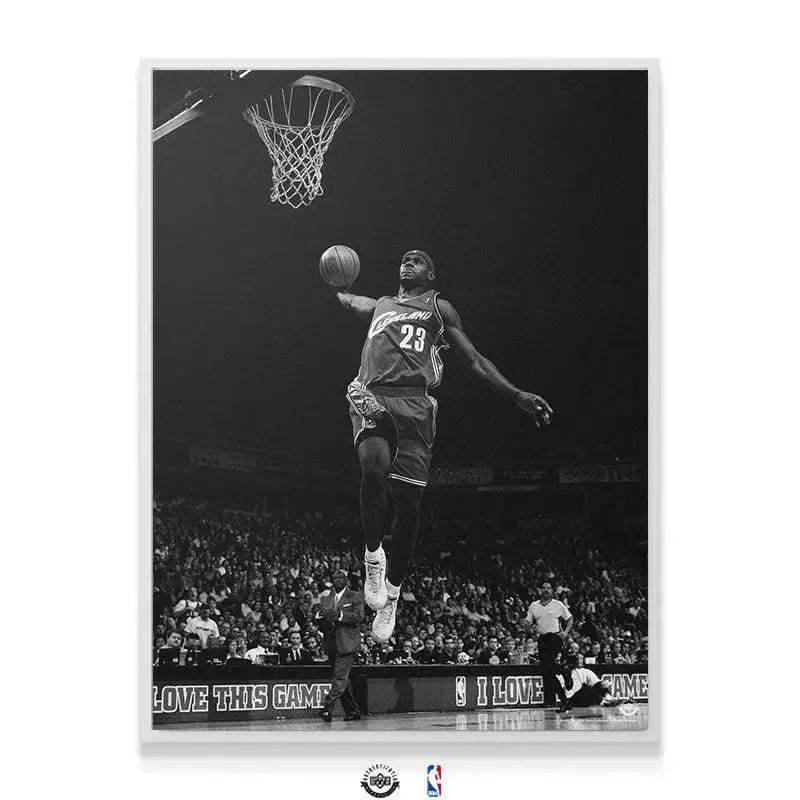 Wide-angle shot of the arena crowd visible beneath the airborne figure in the LeBron James - Kingdom Come art print.