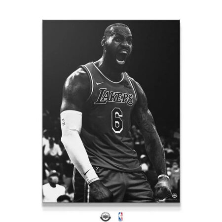 Full shot of the intense black and white LeBron James - Lions Roar canvas art displayed on a wall.