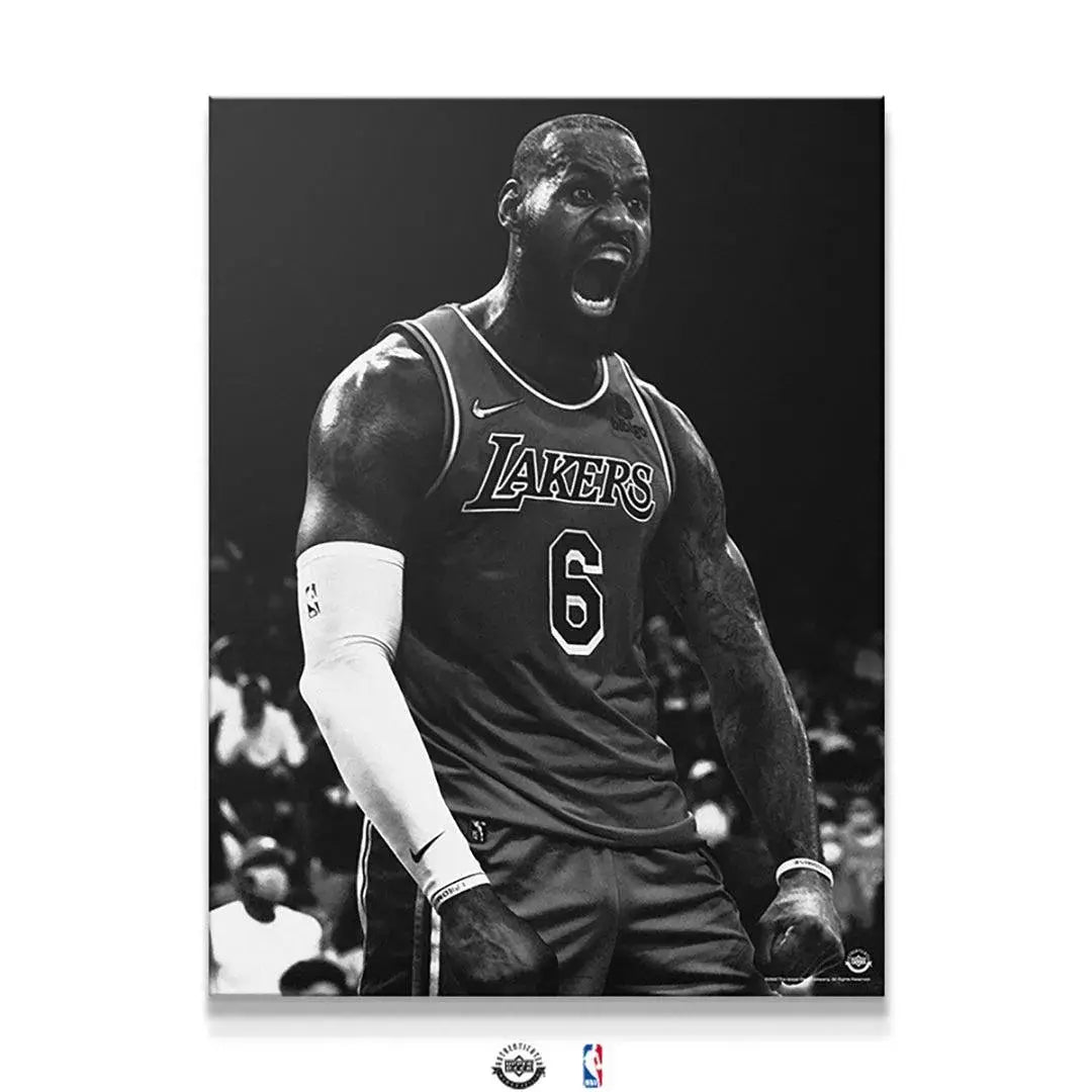 Full shot of the intense black and white LeBron James - Lions Roar canvas art displayed on a wall.