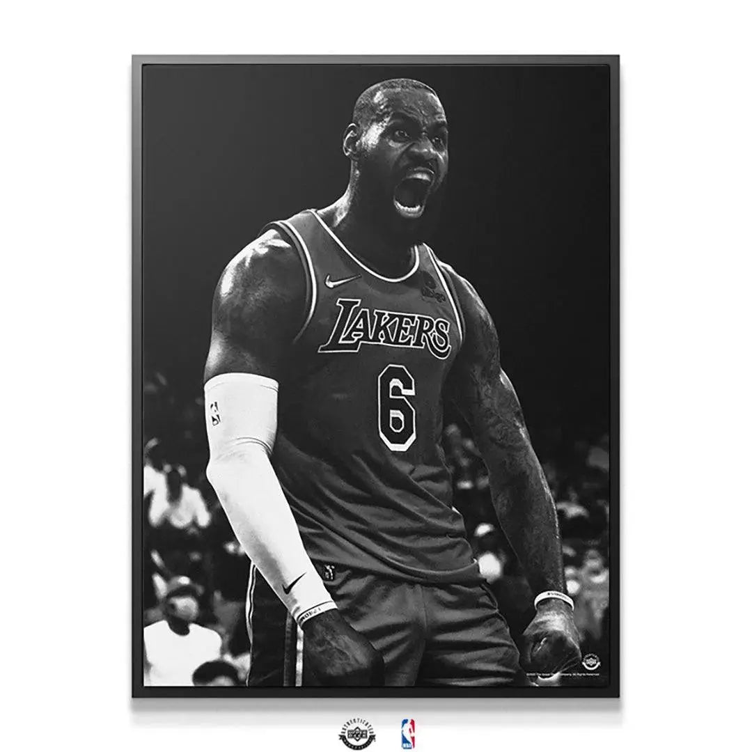 Close-up detail of LeBron's roaring expression in the LeBron James - Lions Roar print, emphasizing emotion.