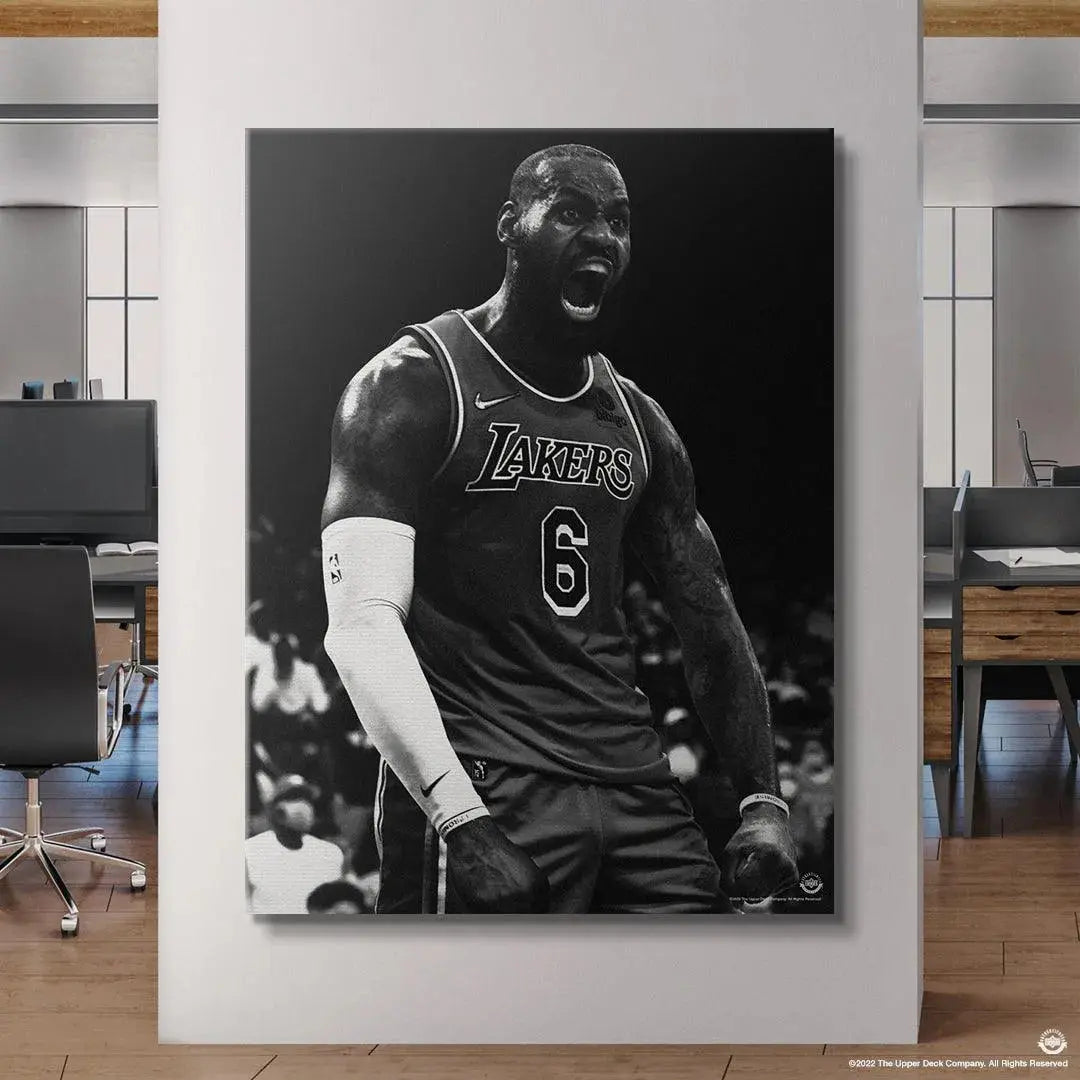 Black and white action shot of LeBron James #6 mid-game releasing the powerful LeBron James - Lions Roar.