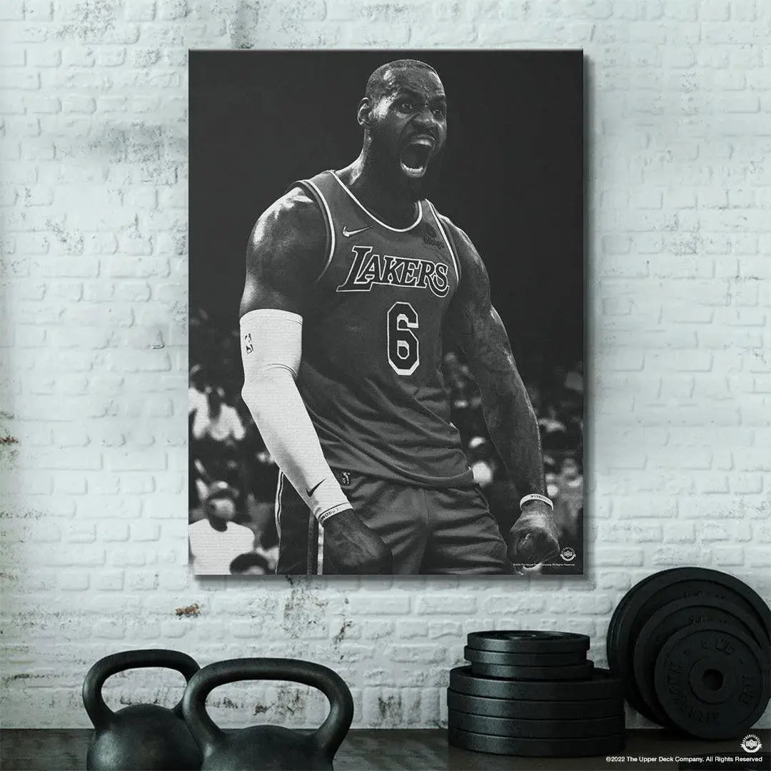 Angled view capturing the depth and dimensions of the mounted LeBron James - Lions Roar gallery wrap.