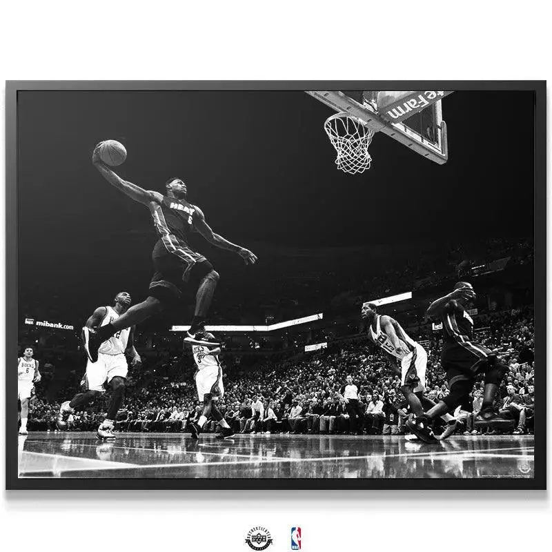Close-up detail of LeBron James' focused expression mid-air in the 'LeBron James - Masterpiece' artwork.