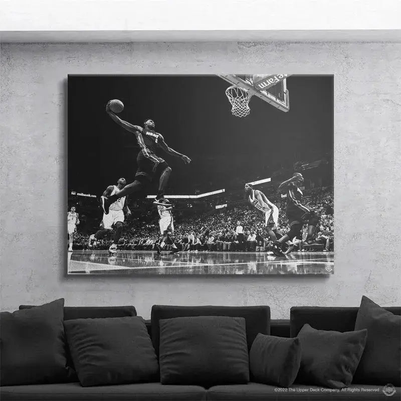 Wide-angle perspective of the crowded arena surrounding the pivotal moment captured in 'LeBron James - Masterpiece'.