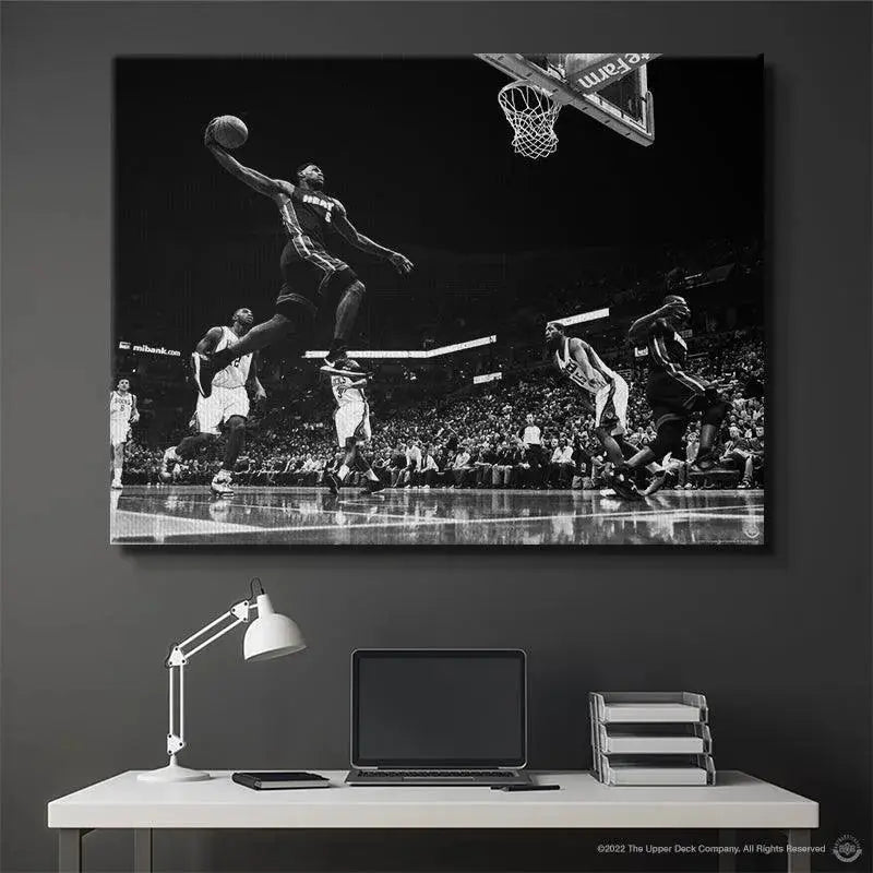 High-contrast texture detail of the basketball held aloft in the original 'LeBron James - Masterpiece' print.