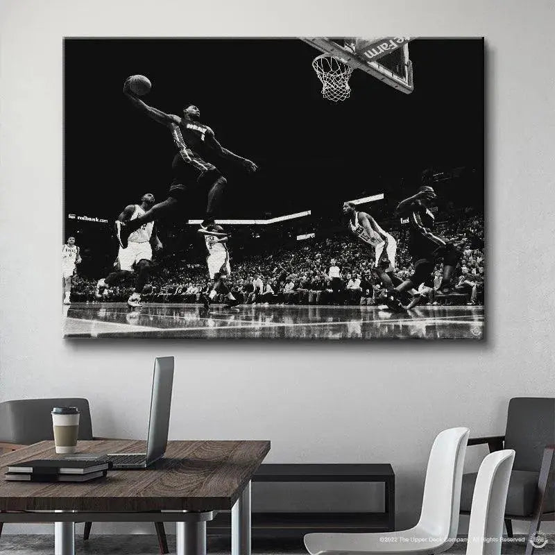 Low-angle view emphasizing the incredible height of the jump captured in the 'LeBron James - Masterpiece' photograph.